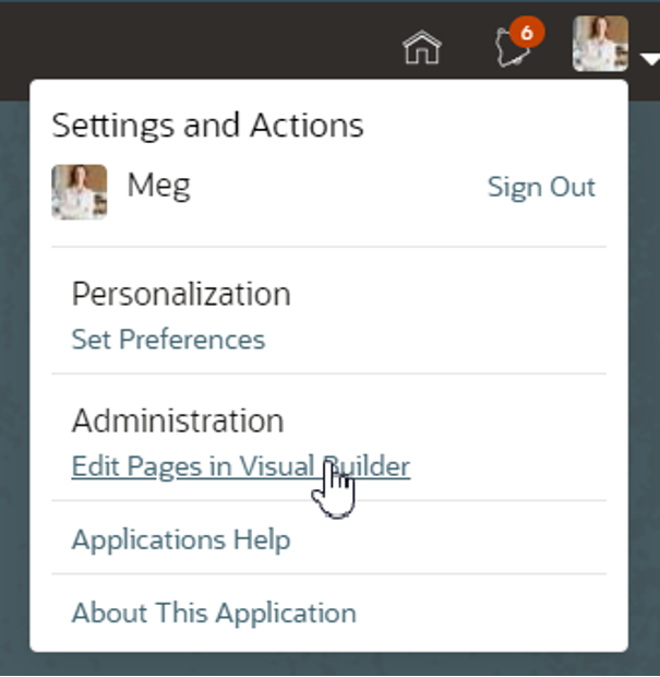 Figure 6: The menu contains the Edit Pages in Visual Builder link that opens the application extension in Visual Builder Studio.